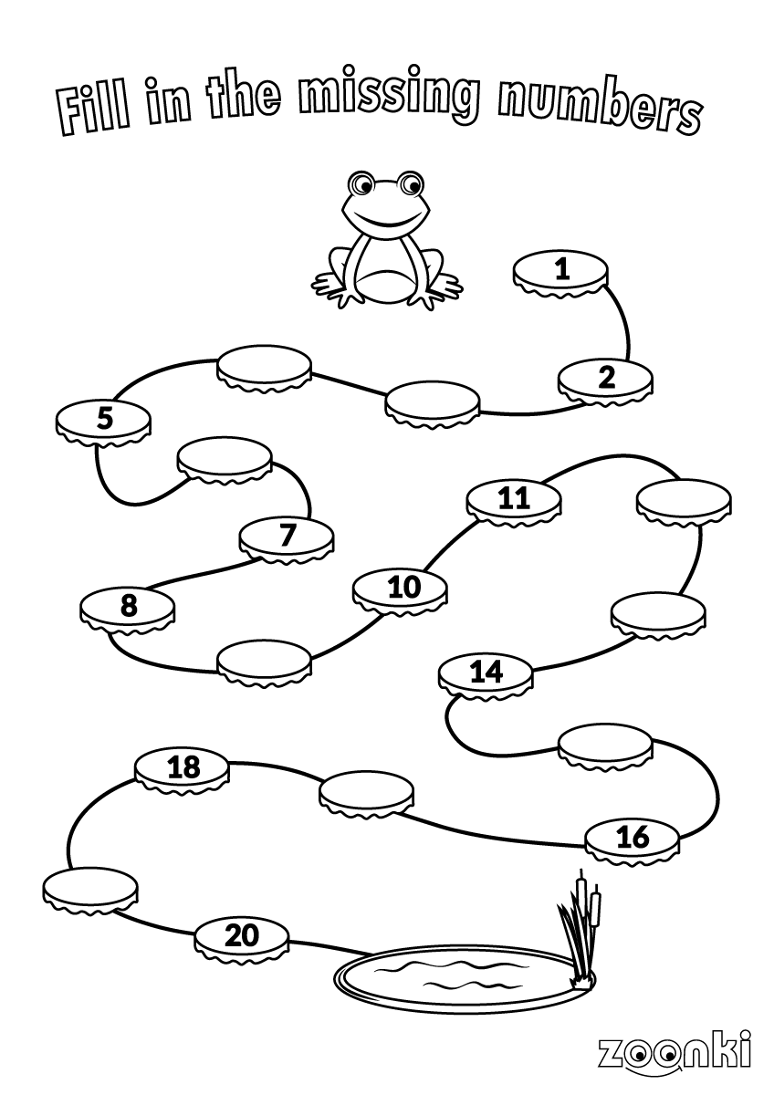 Fill in missing numbers -frog and pond 001 - zoonki