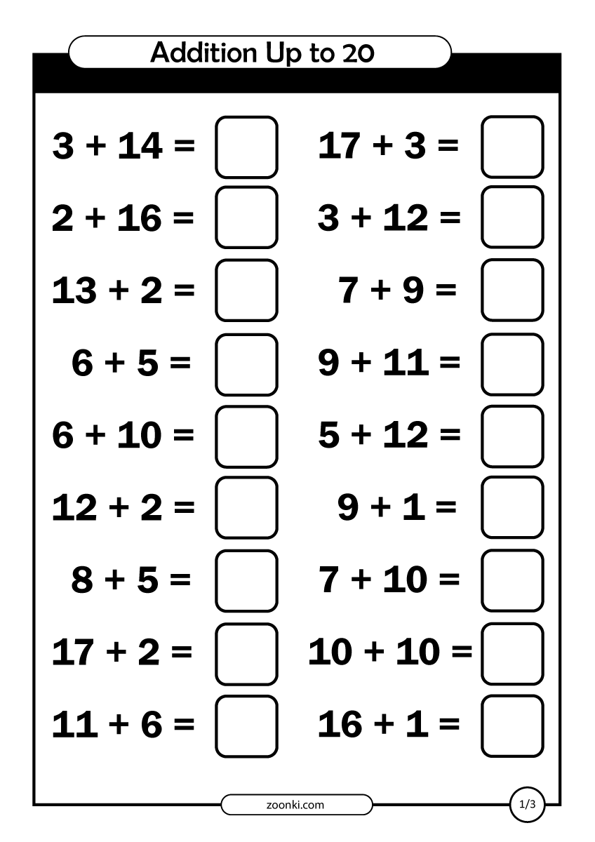Math Exercise - addition up to 20 - zoonki - page 1 of 3