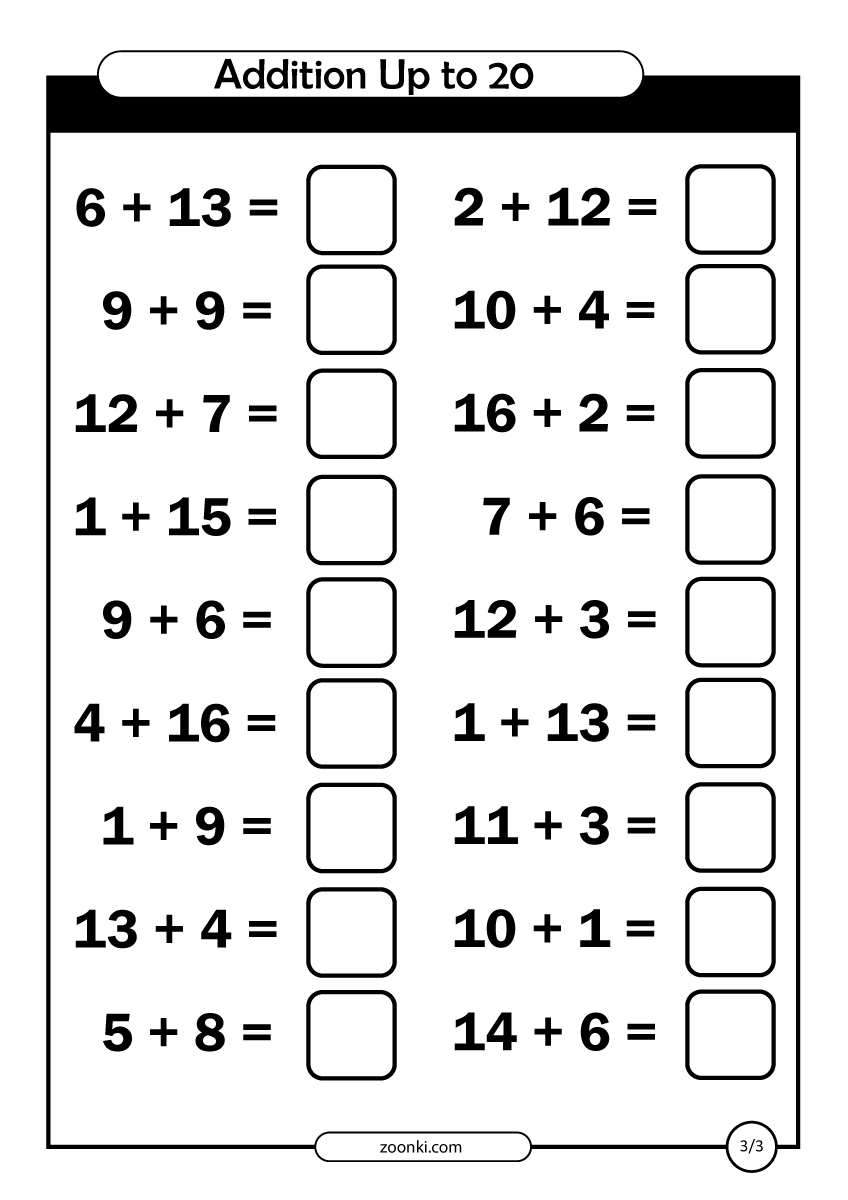 Addition Up To 20 Worksheets