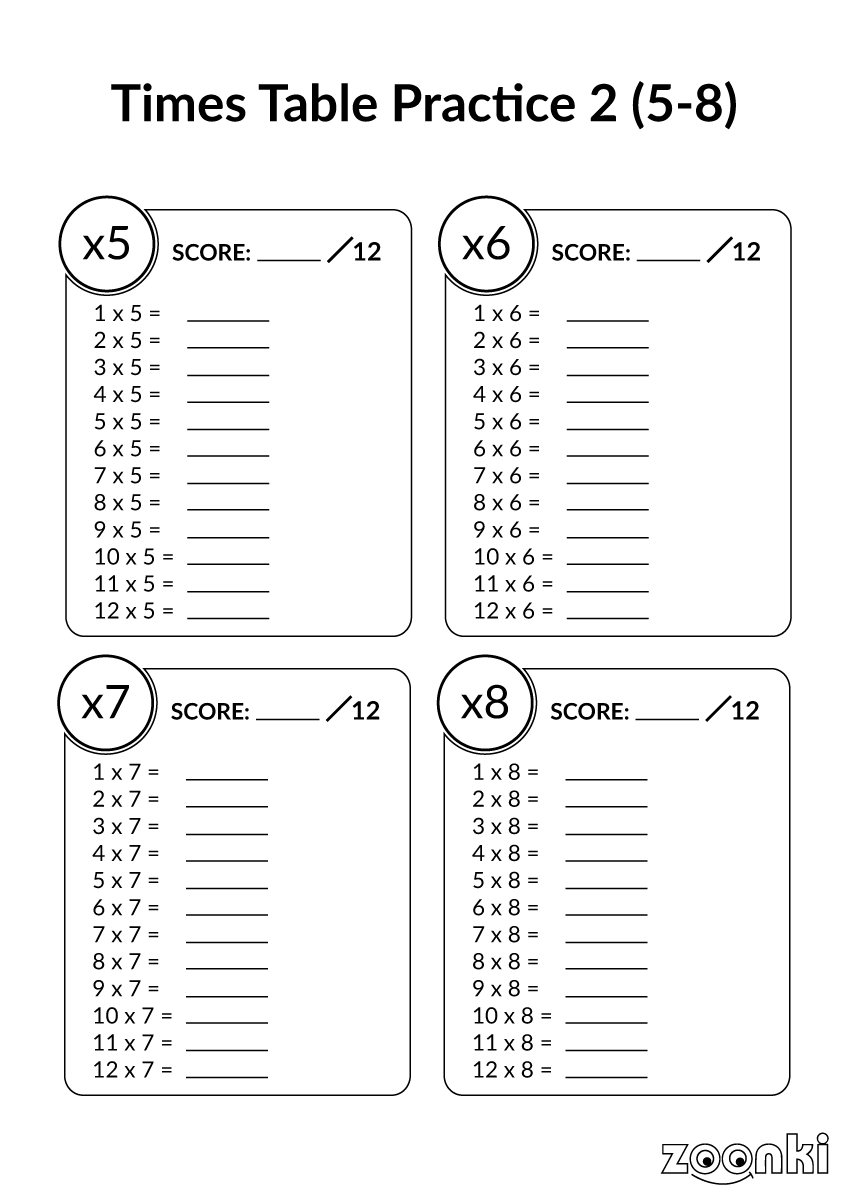 Times table practice worksheet to print - 002 - zoonki