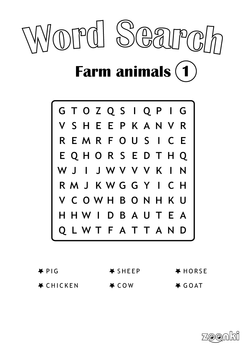 Free word search puzzle for kids - farm animals 001 - zoonki.com