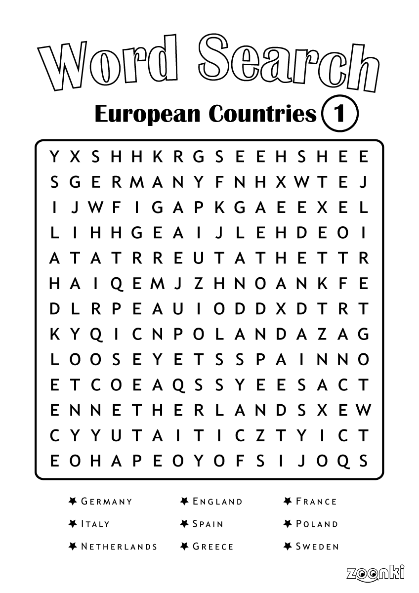Free word search puzzle - European countries 001 - zoonki.com