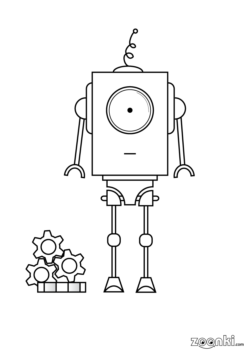 Free colouring pages - one eyed robot with cogwheels - zoonki.com
