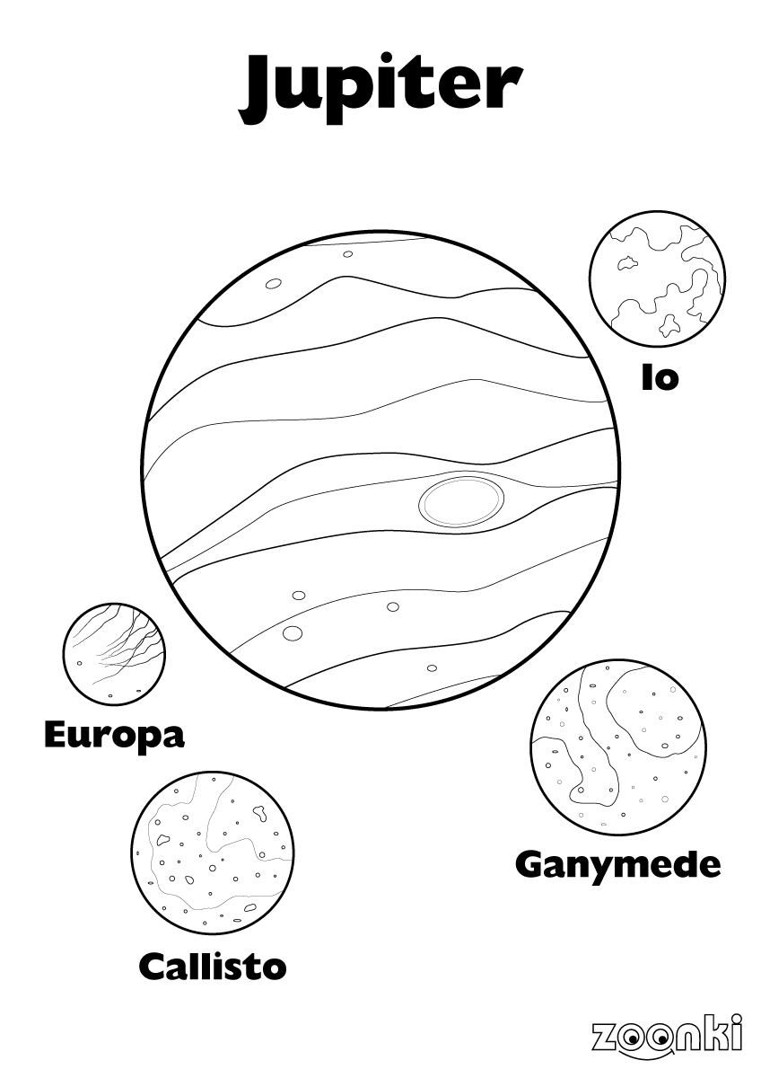 Free colouring pages - planet Jupiter and the 4 largest moons - zoonki.com