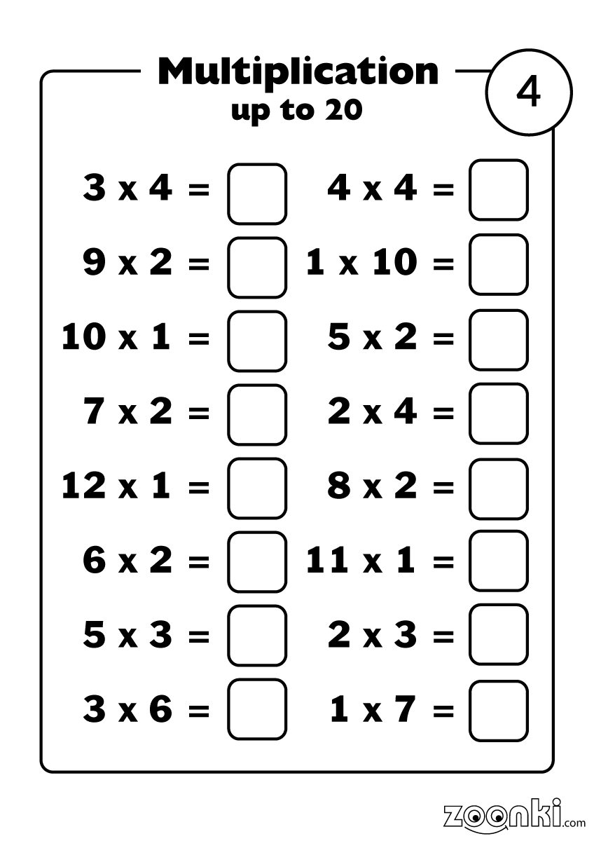 Multiplication up to 20 practice exercise for kids - zoonki.com