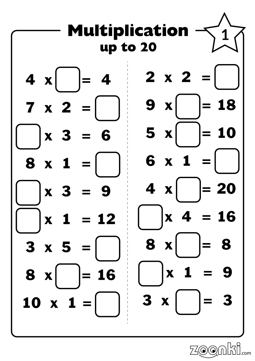 Multiplication up to 20 practice exercise for kids (mix) - zoonki (1/3)