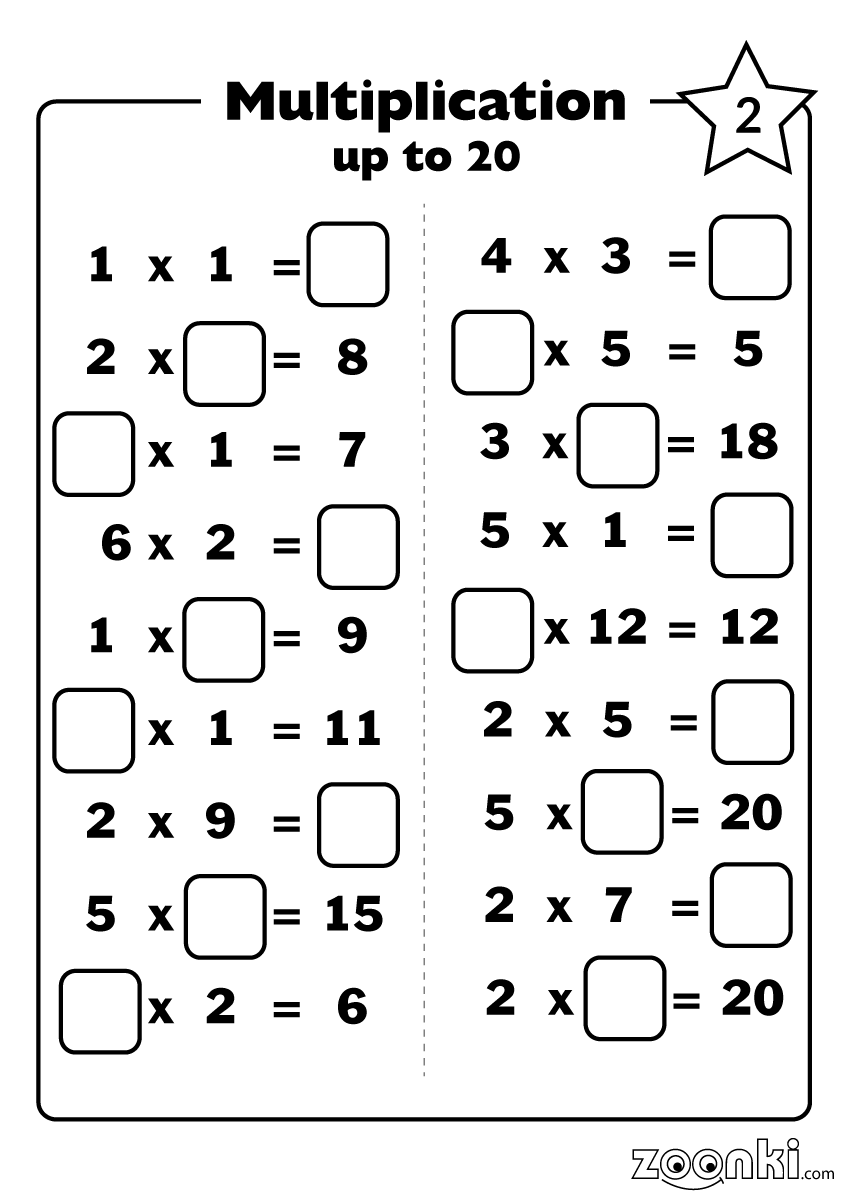 Multiplication up to 20 practice exercise for kids (mix) - zoonki (2/3)