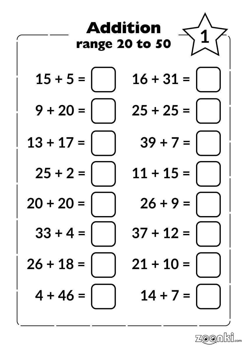 Addition practice exercise for kids - range 20 to 50 - 001 | zoonki.com