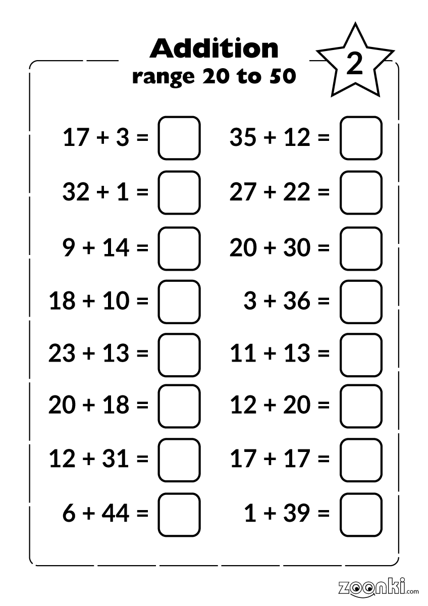 Addition practice exercise for kids - range 20 to 50 - 002 | zoonki.com