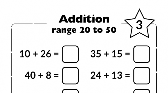 Addition practice exercise for kids - range 20 to 50 - 003 | zoonki.com