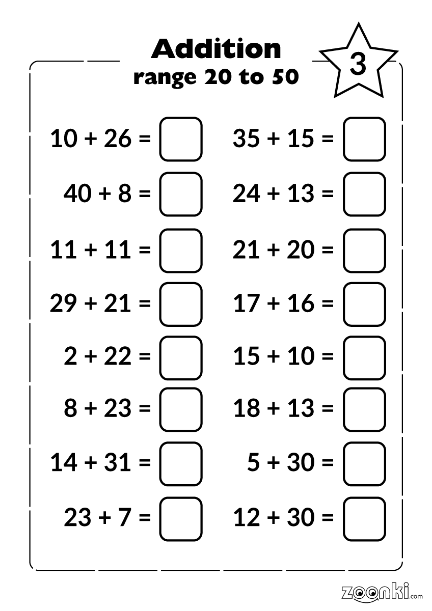 Addition practice exercise for kids - range 20 to 50 - 003 | zoonki.com