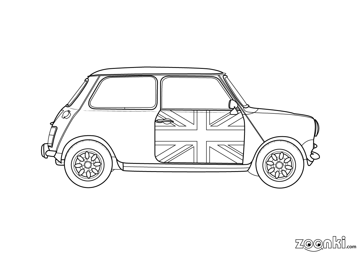 Colouring pages zoonki car - Mini (Morris, Austin, Cooper) Classic with British flag | zoonki.com