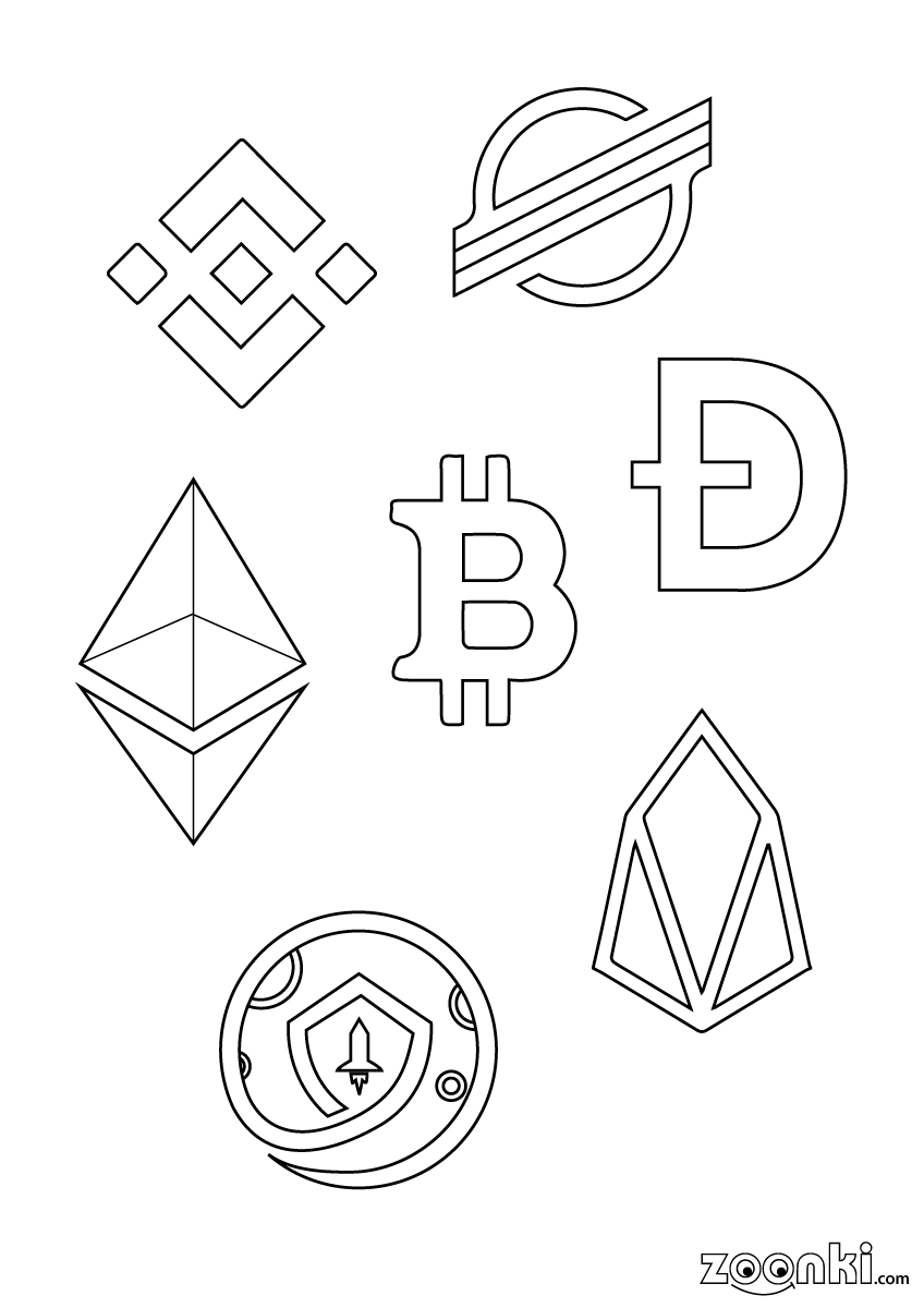 Free colouring pages - colour cryptocurrency symbols - Binance coin, Stellar, Ethereum, Dogecoin, Eos, Safemoon, Bitcoin | zoonki.com