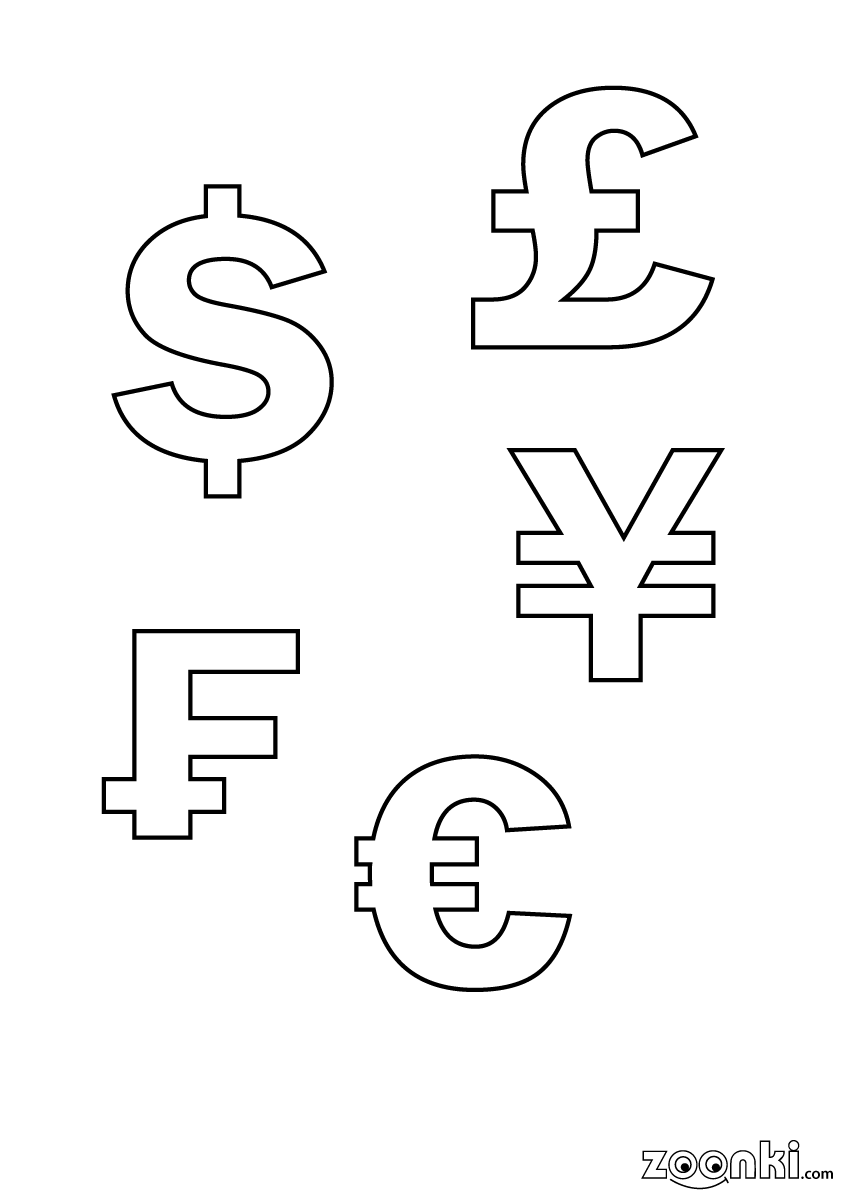 Free colouring pages - colour currency symbols - Dollar, Pound Sterling, Yen, Swiss Frank, Euro | zoonki.com