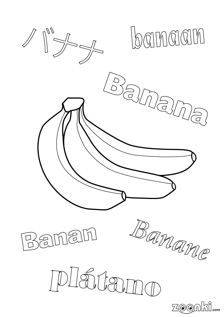 Colouring pages - drawing of banana with multilingual names | zoonki.com