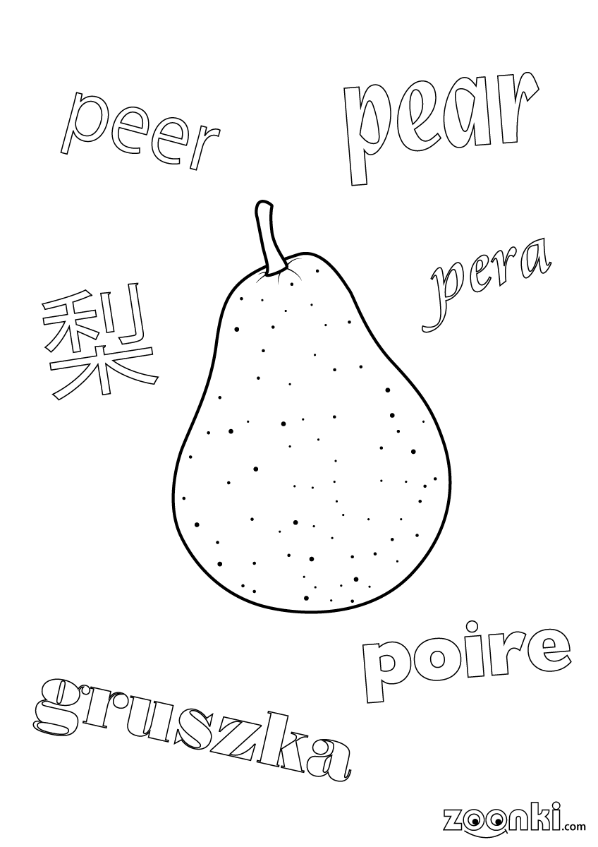 Colouring pages - drawing of a pear with multilingual names | zoonki.com