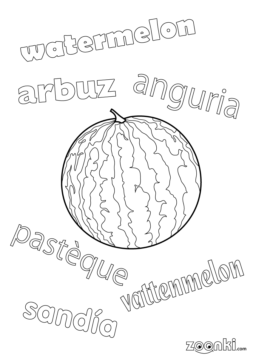 Colouring pages - drawing of a watermelon with multilingual names | zoonki.com