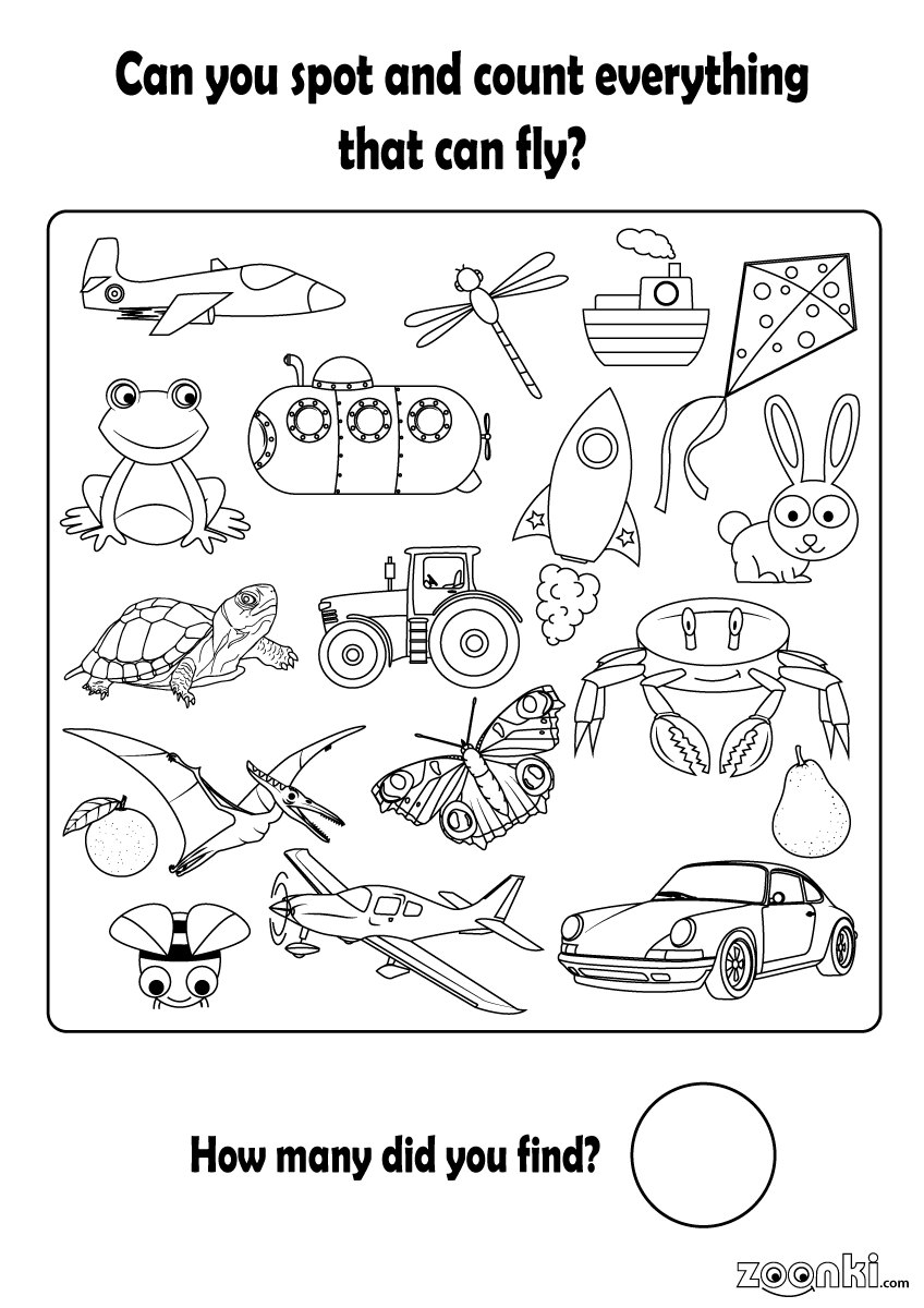 zoonki addition activity for kids - Can you spot and count everything that can fly | zoonki.com