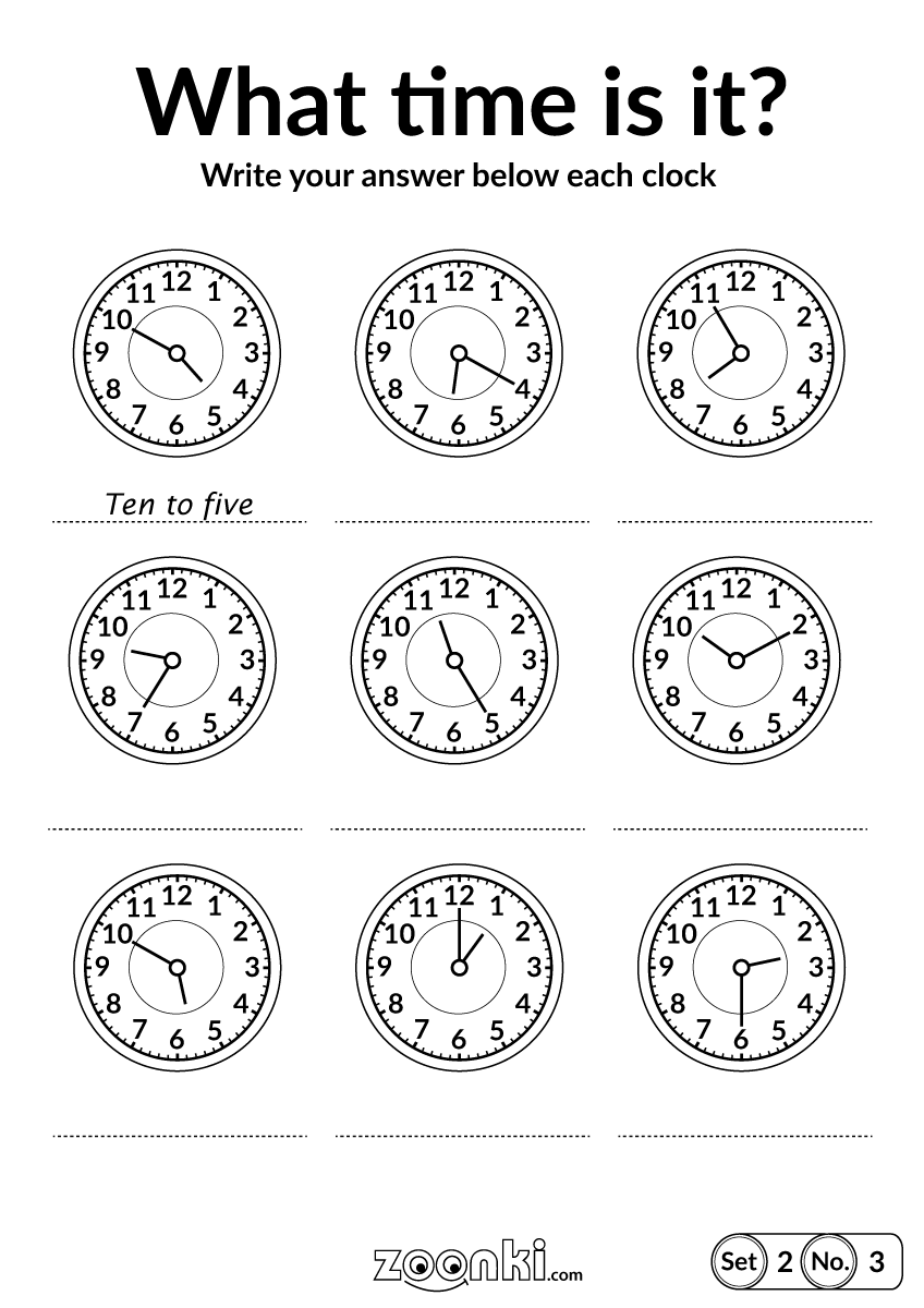 Telling time exercise for kids - Set 2 No. 3 | zoonki.com