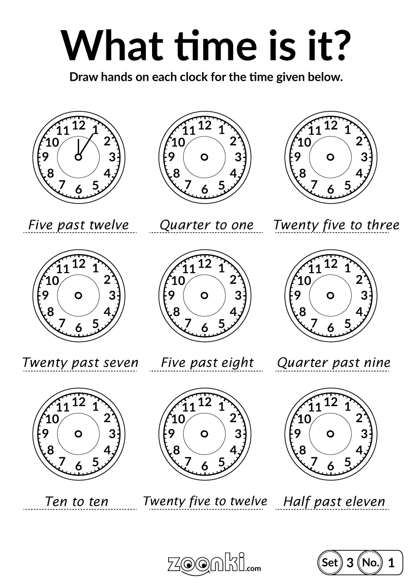 What time is it - telling time activity for kids - Set 3 No. 1 | zoonki.com