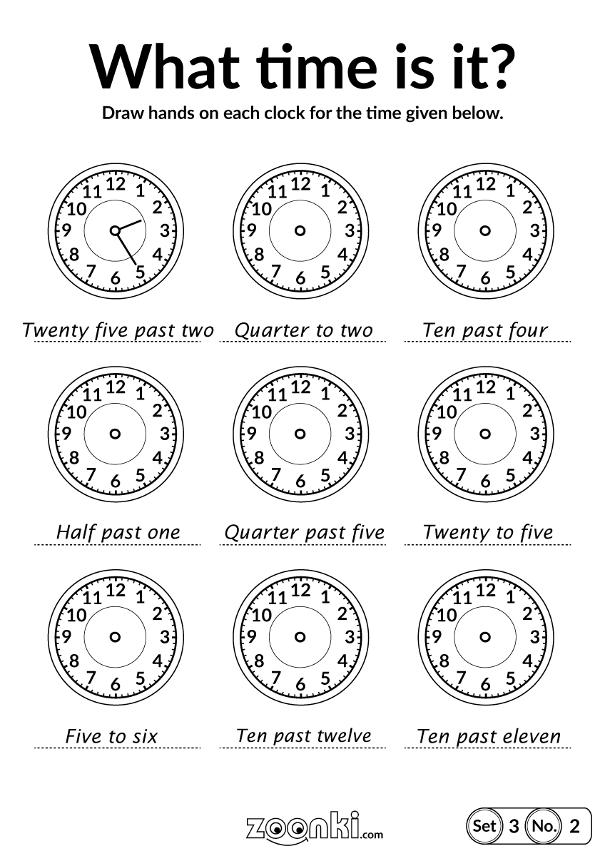 What time is it - telling time activity for kids - Draw hands on each clock for the time given below - Set 3 No. 2 | zoonki.com