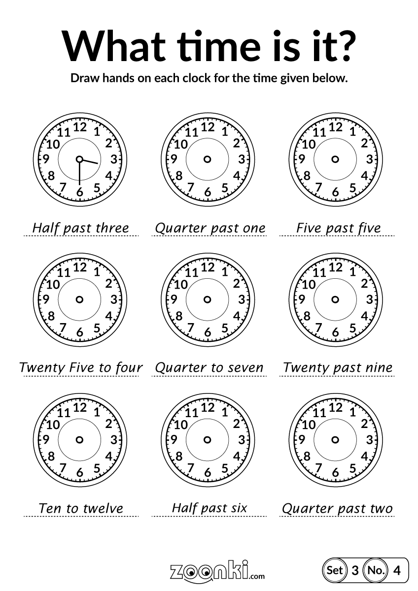 What time is it - telling time activity for kids - Draw hands on each clock for the time given below - Set 3 No. 4 | zoonki.com