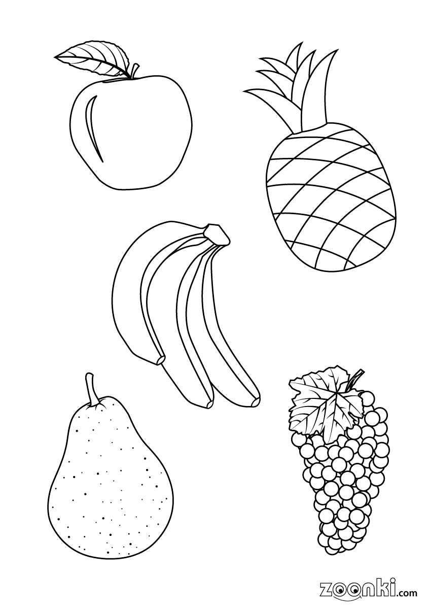 Colouring pages - multiple fruits pear for colouring - pear, apple, grapes, banana, pineapple | zoonki.com