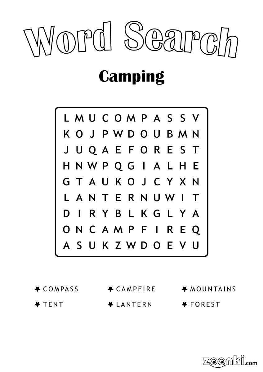 Free word search puzzle for kids - Camping 001 - zoonki.com