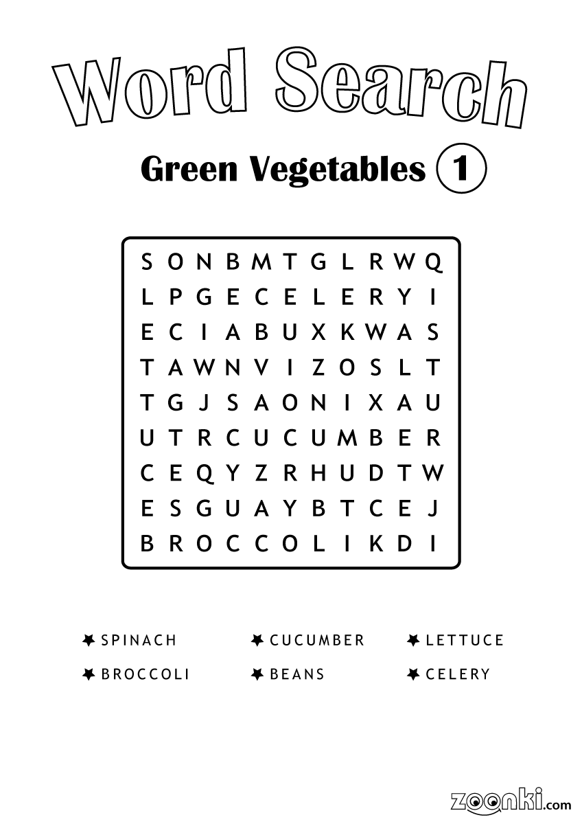 Free word search puzzle for kids - Green Vegetables 001 - zoonki.com