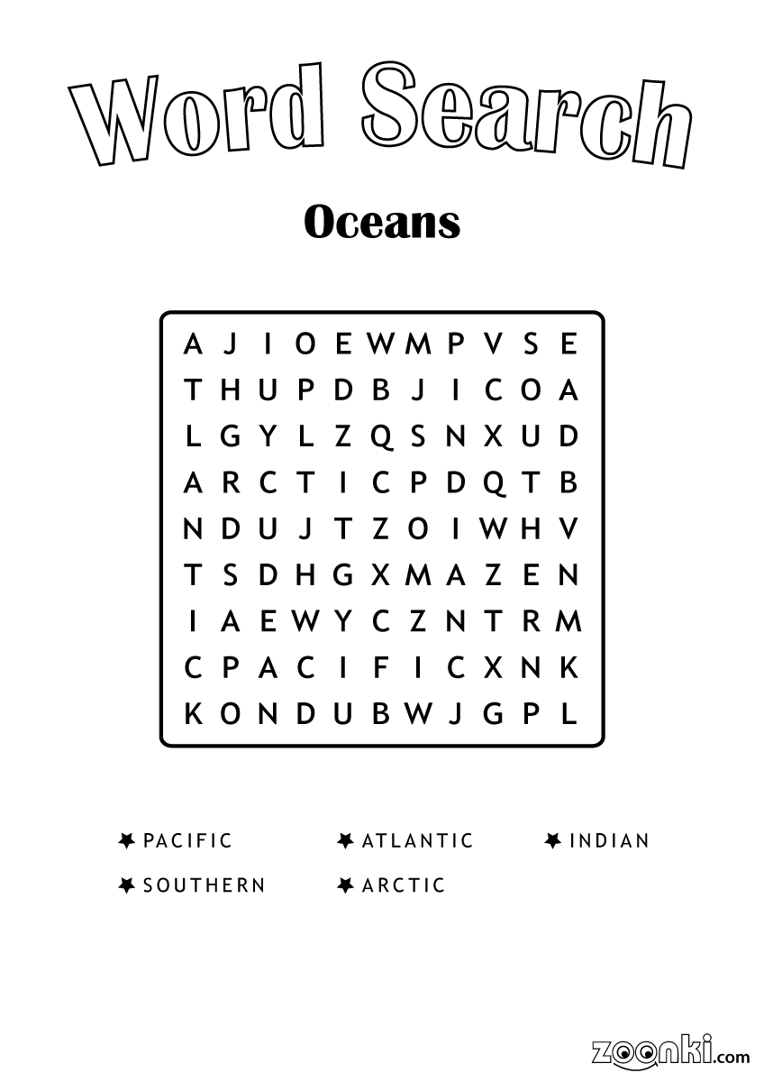 Free word search puzzle for kids - Oceans 001 - zoonki.com