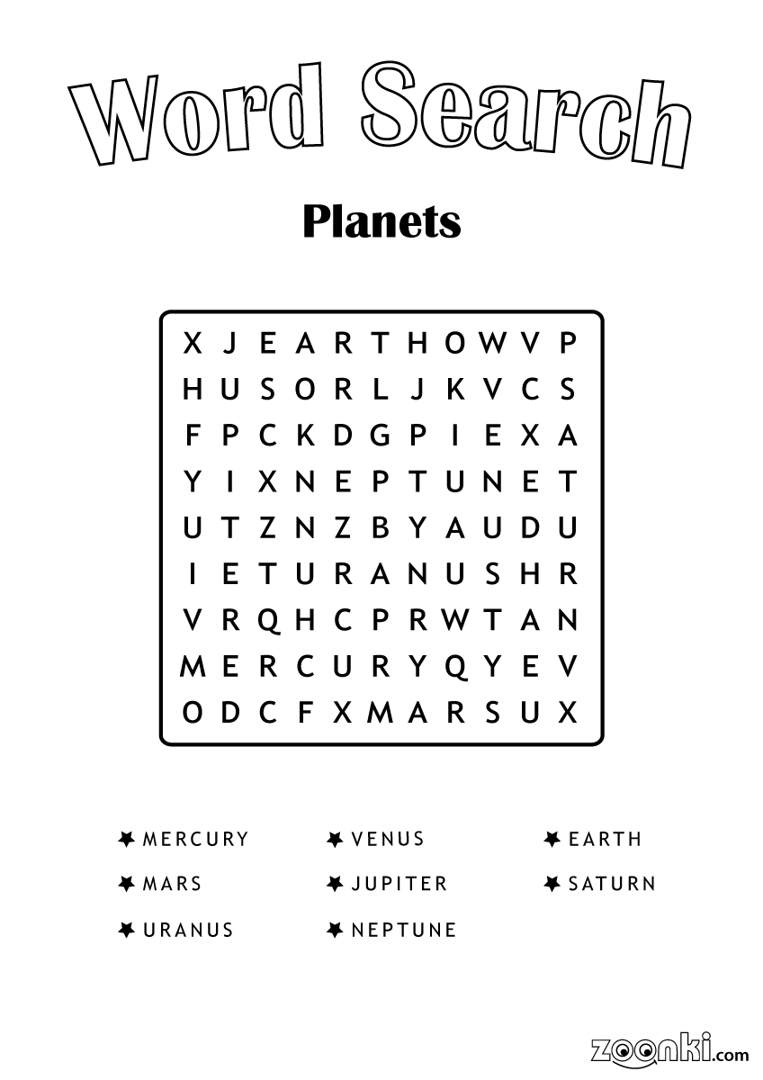 Free word search puzzle for kids - Planets 001 | zoonki.com