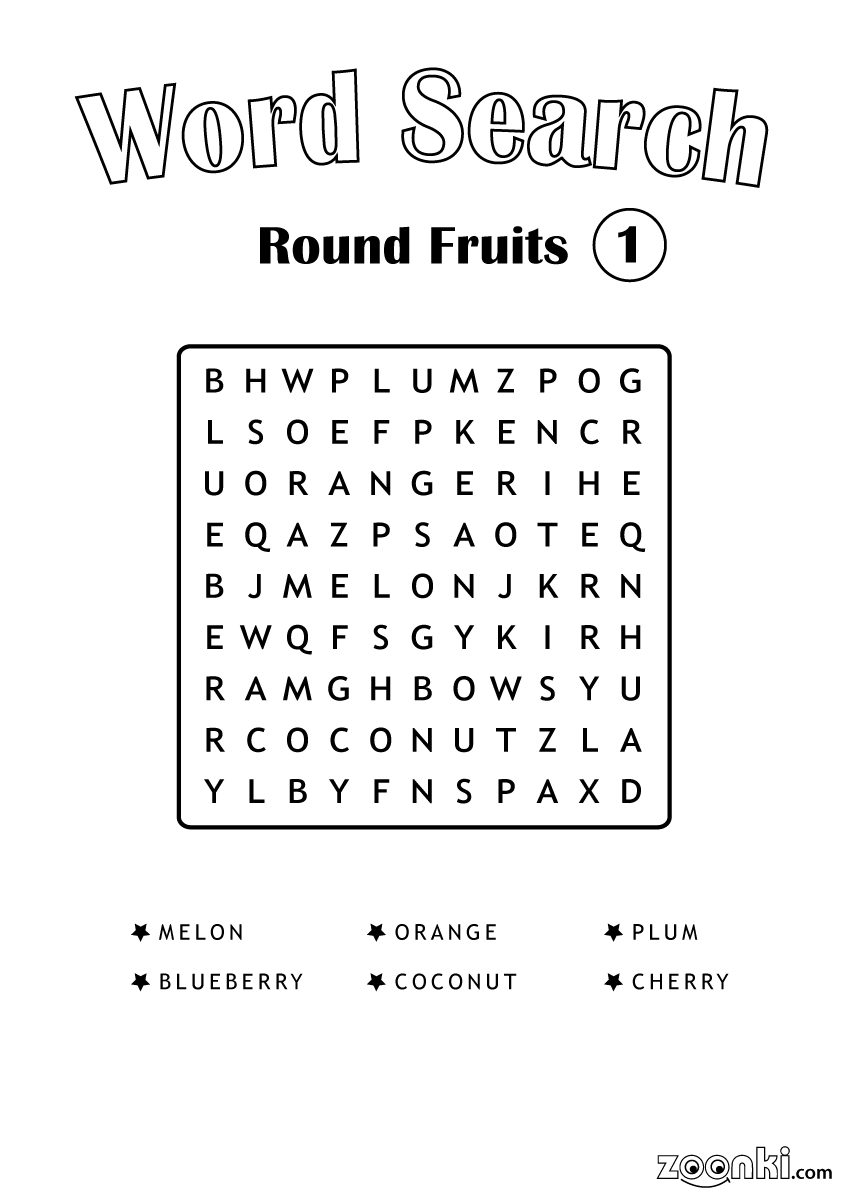 Free word search puzzle for kids - Round Fruits 001 | zoonki.com