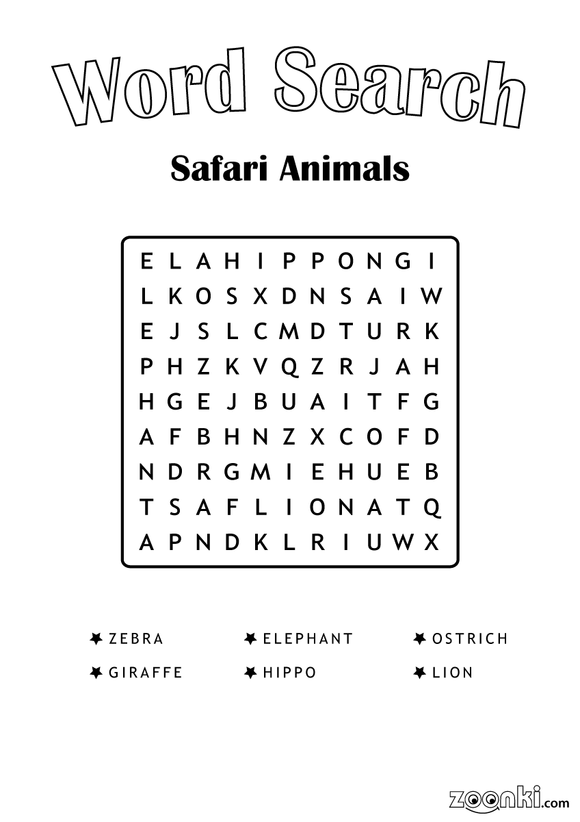Free word search puzzle for kids - Safari Animals 001 | zoonki.com