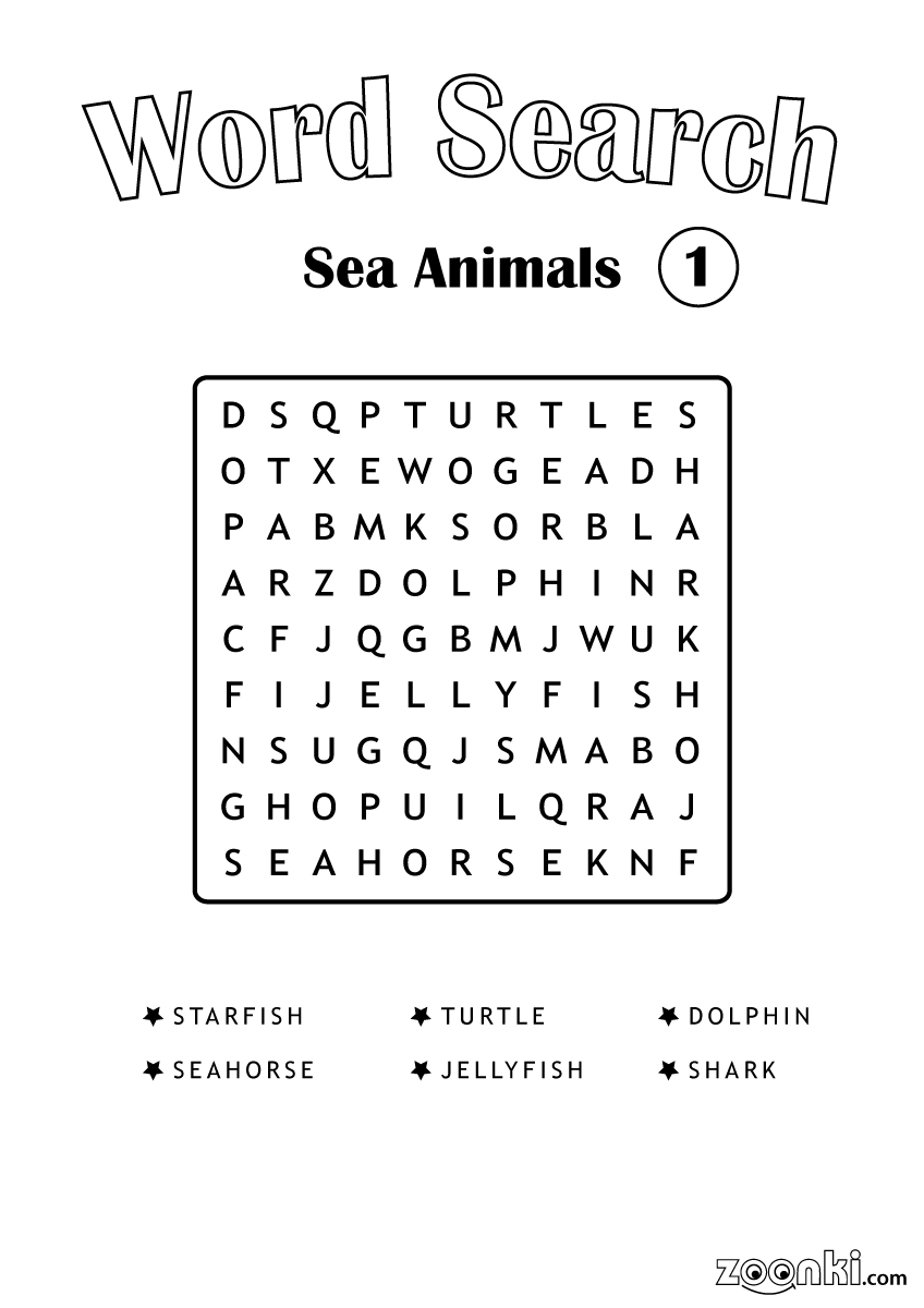 Free word search puzzle for kids - Sea Animals 001 | zoonki.com
