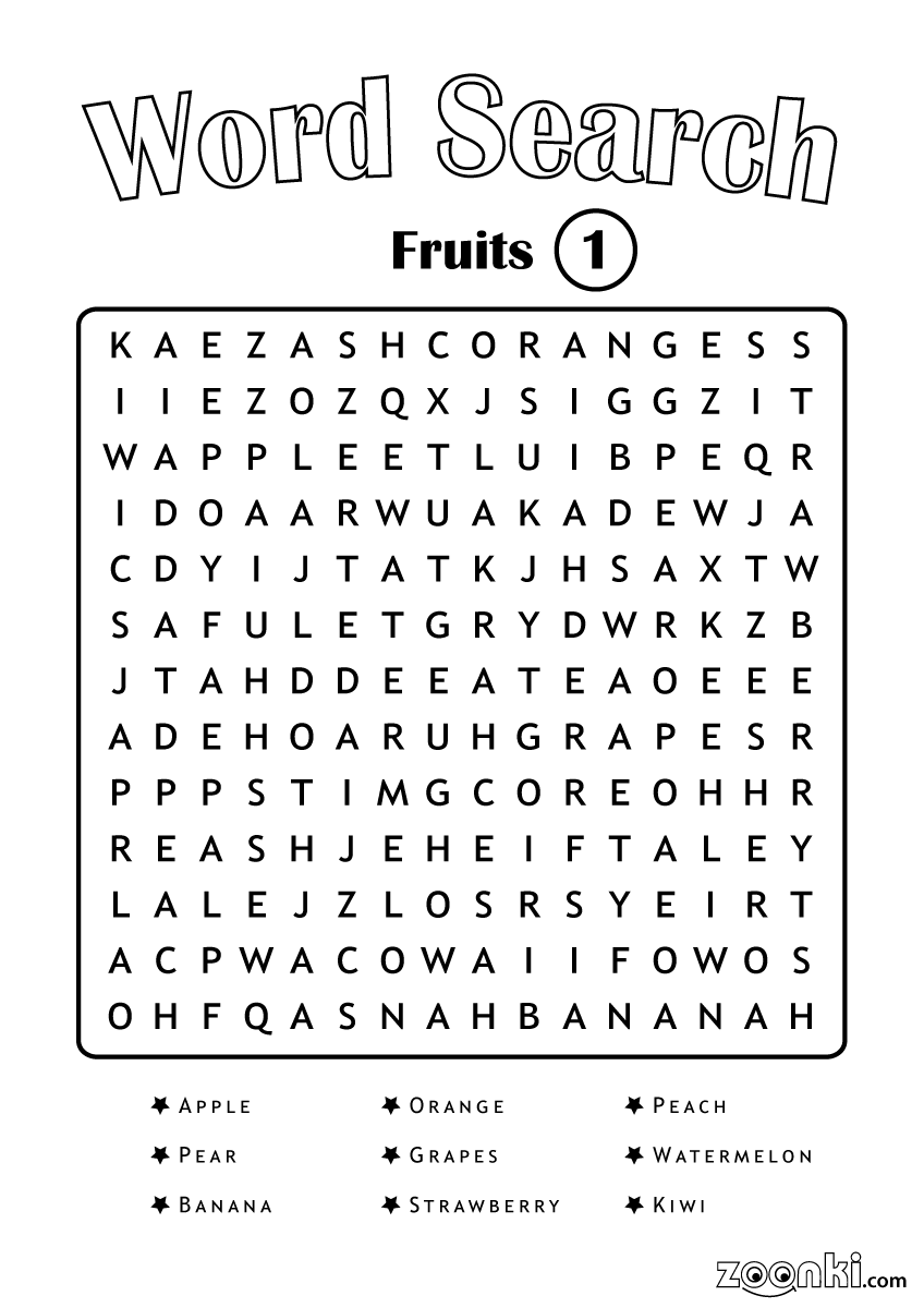 Free word search puzzle for kids - Fruits 001 | zoonki.com