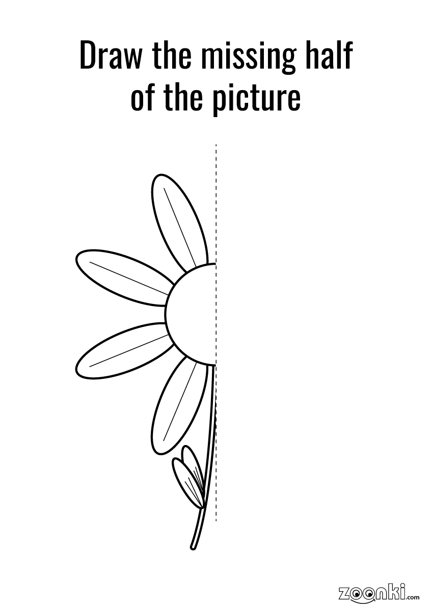 Draw the missing part of the picture puzzle - flower 001 | zoonki.com