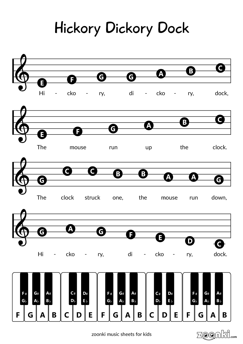 Easy music sheets for kids - hickory dickory dock | zoonki.com