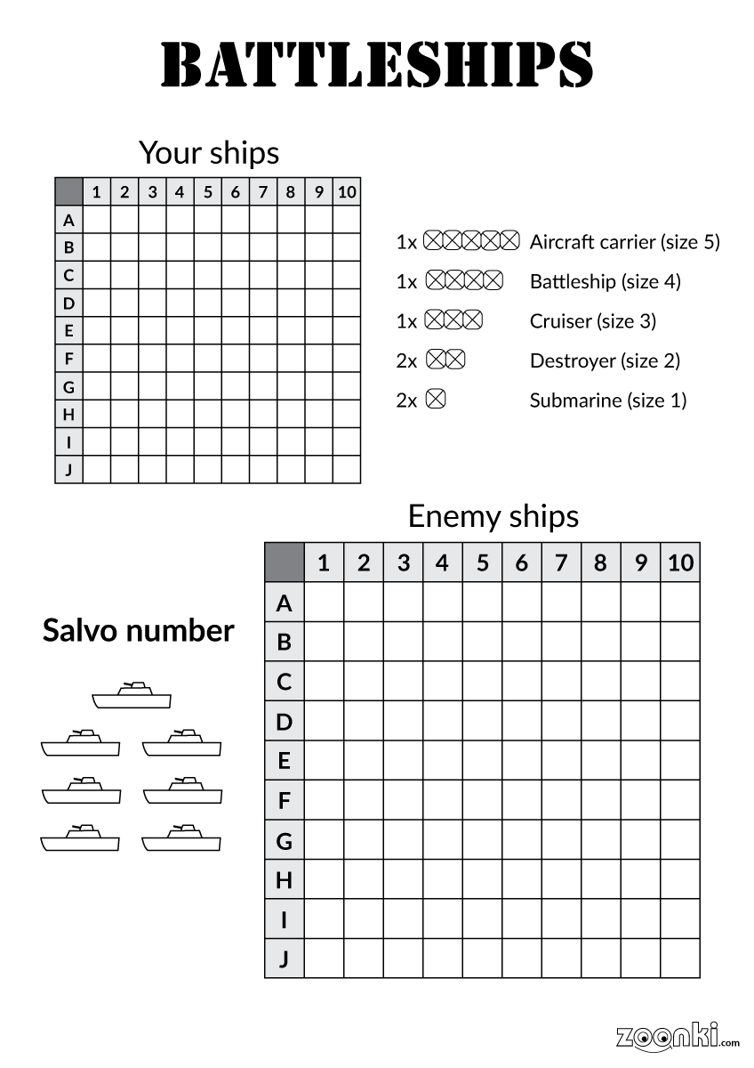 Free Battleships game - v. 002 - print and play | zoonki.com