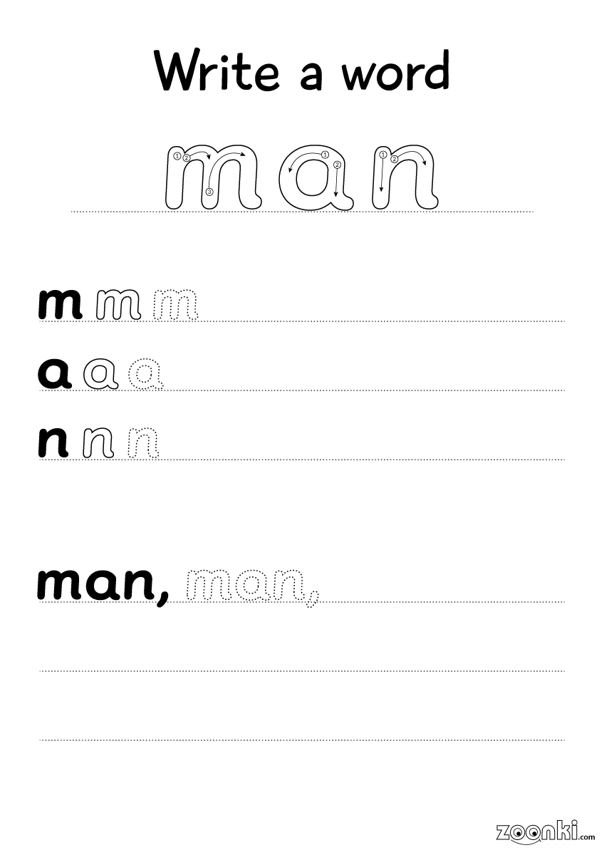 Write a word - word writing practice sheet 003 - man | zoonki.com
