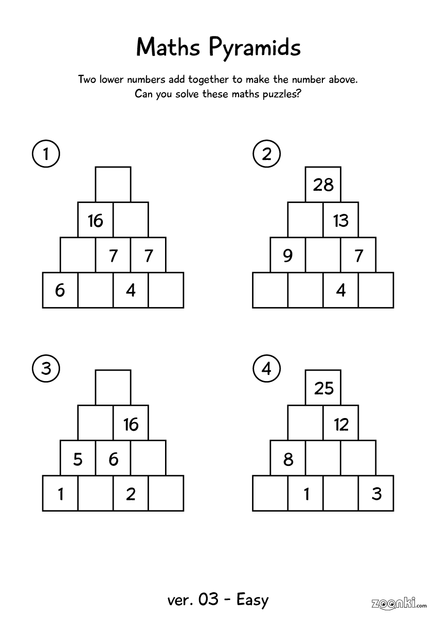 zoonki maths pyramid - maths puzzles for children - 003 - easy