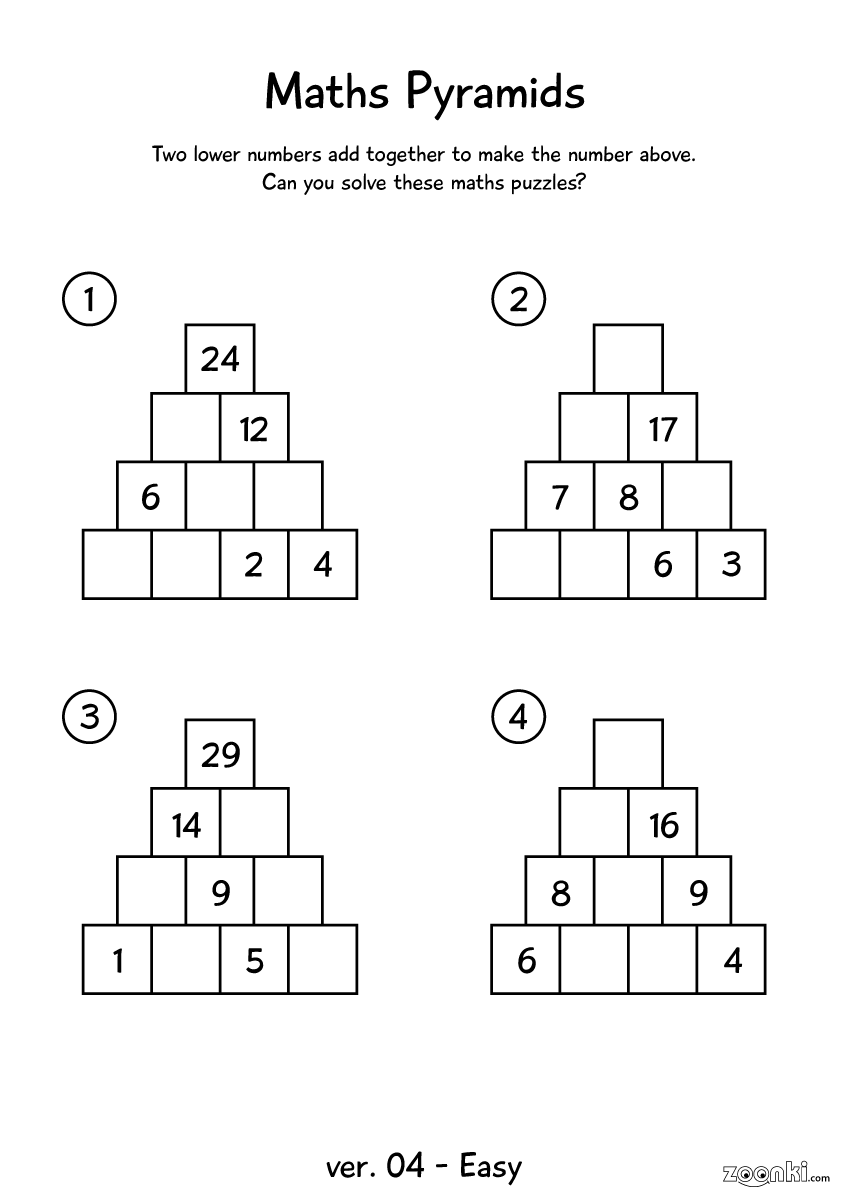 zoonki maths pyramid - maths puzzles for children - 004 - easy