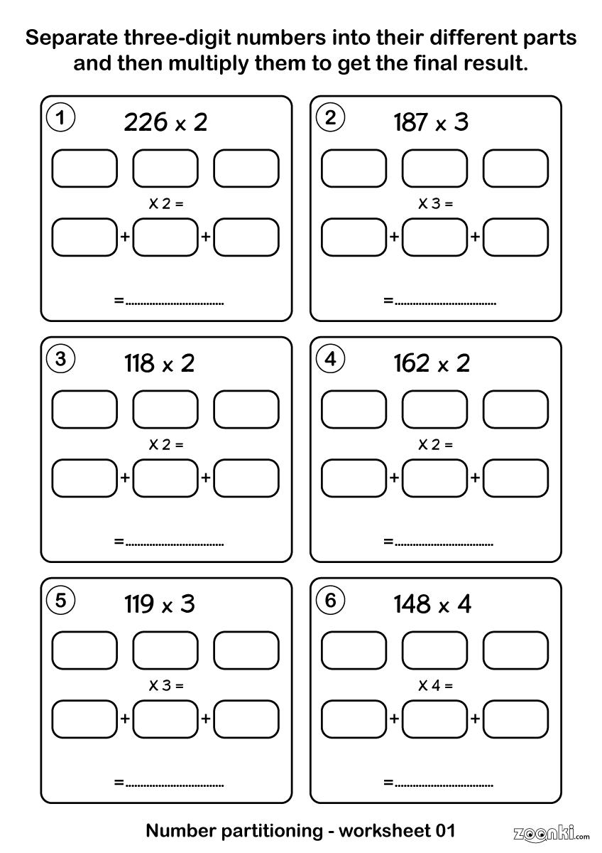 Maths number partitioning and multiplying activity worksheet - 001 | zoonki.com