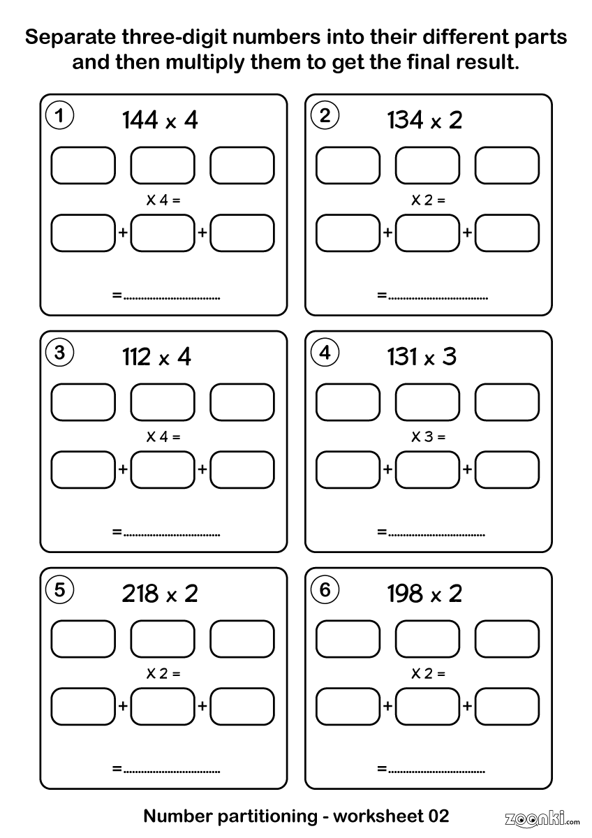 Maths number partitioning and multiplying activity worksheet - 002 | zoonki.com
