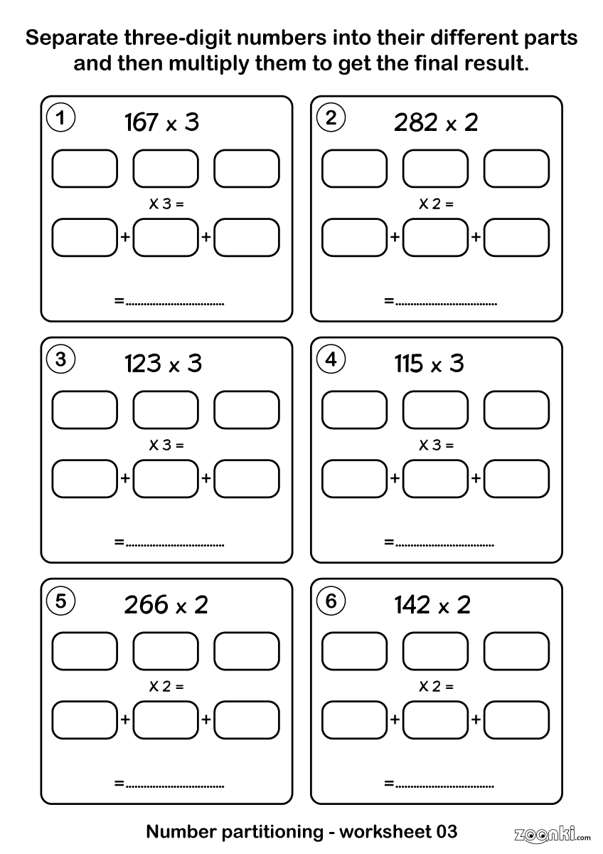Maths number partitioning and multiplying activity worksheet - 003 | zoonki.com