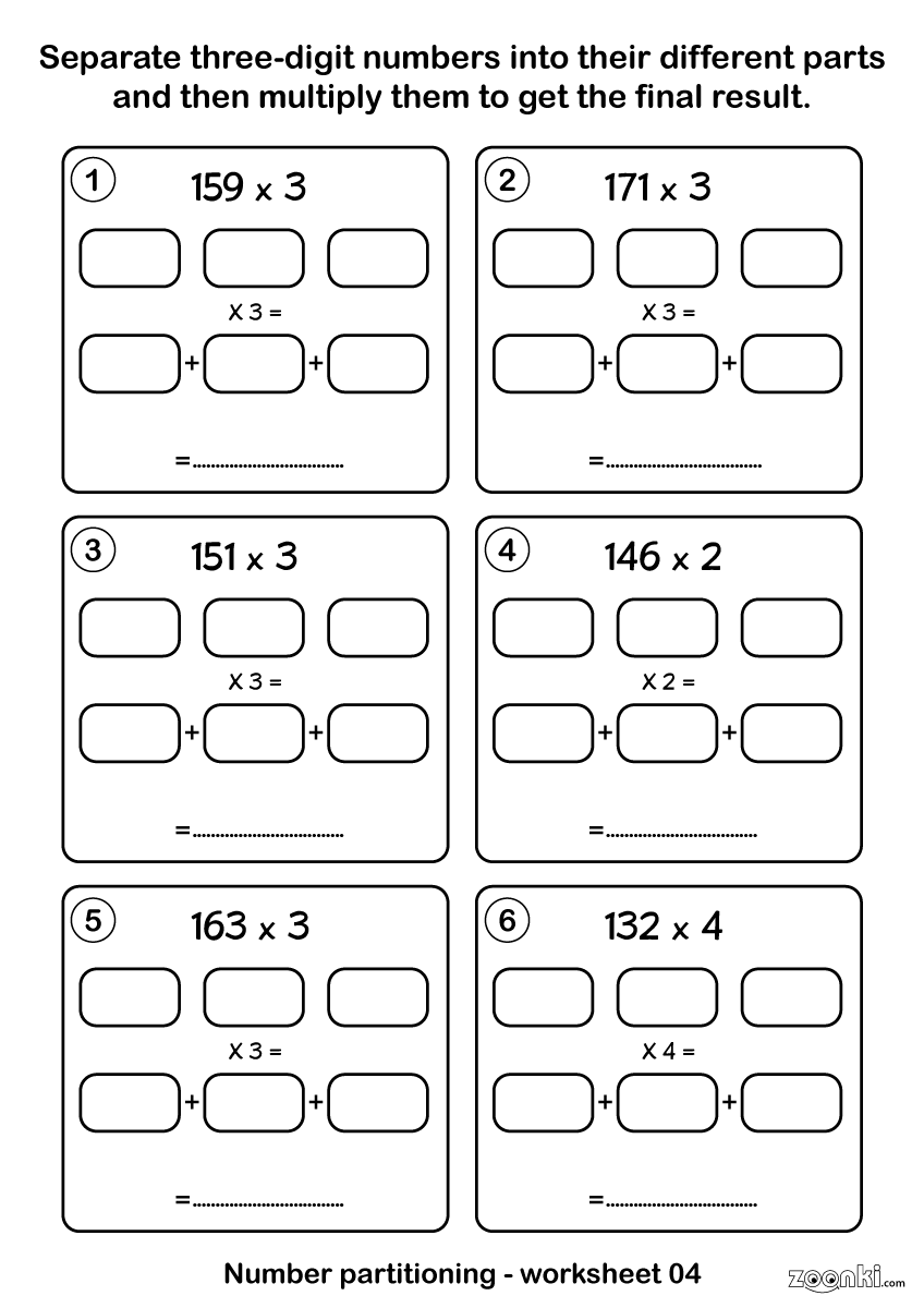 Maths number partitioning and multiplying activity worksheet - 004 | zoonki.com