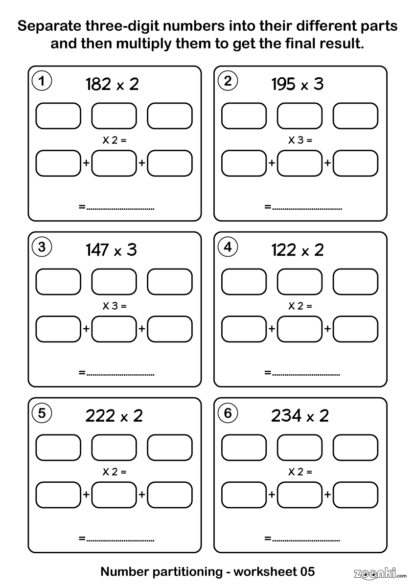 Maths number partitioning and multiplying activity worksheet - 005 | zoonki.com