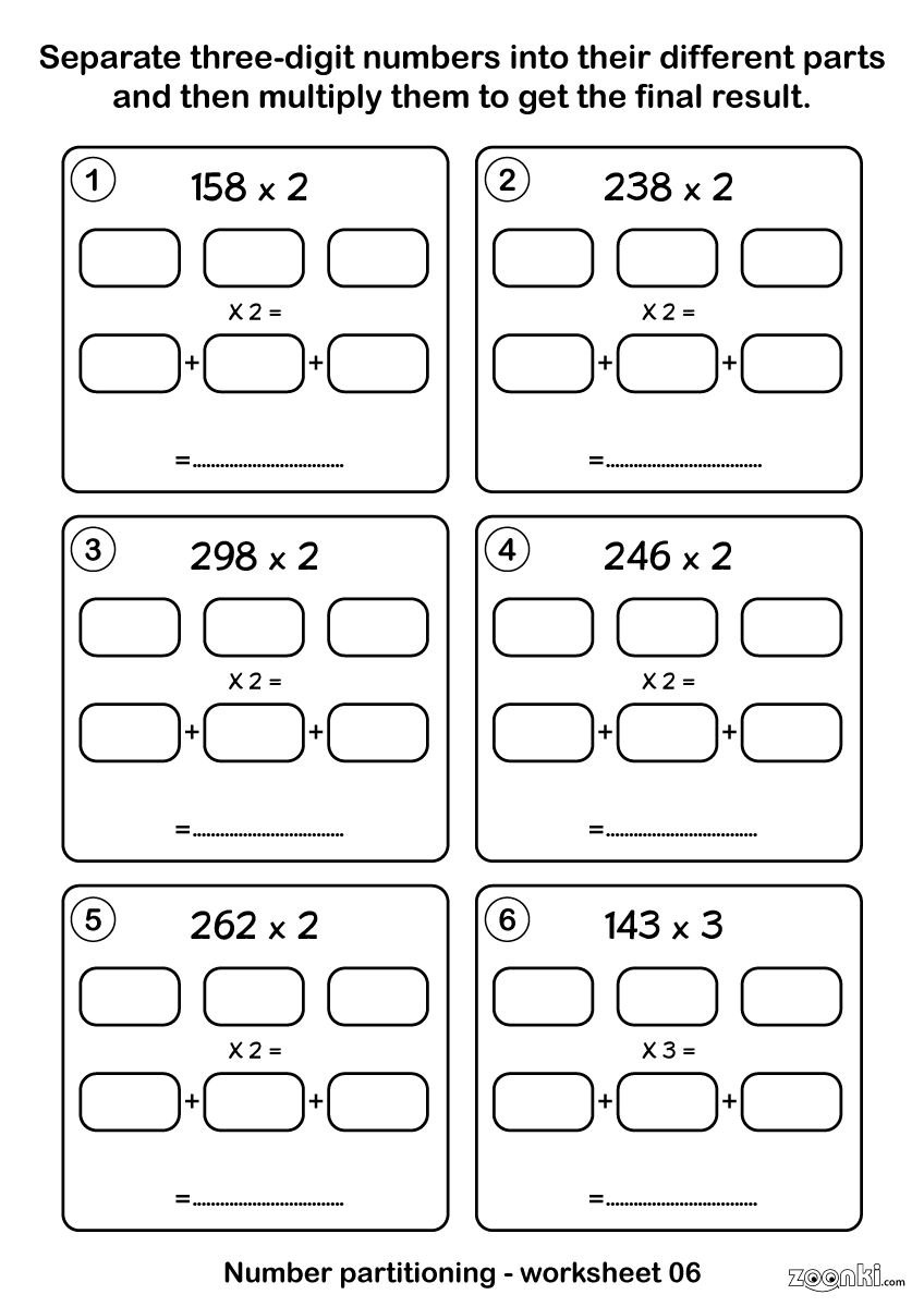 Maths number partitioning and multiplying activity worksheet - 006 | zoonki.com