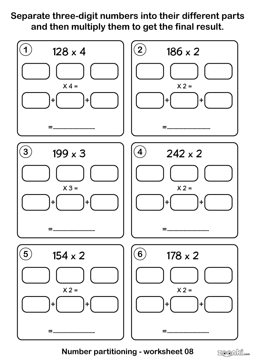 Maths number partitioning and multiplying activity worksheet - 008 | zoonki.com
